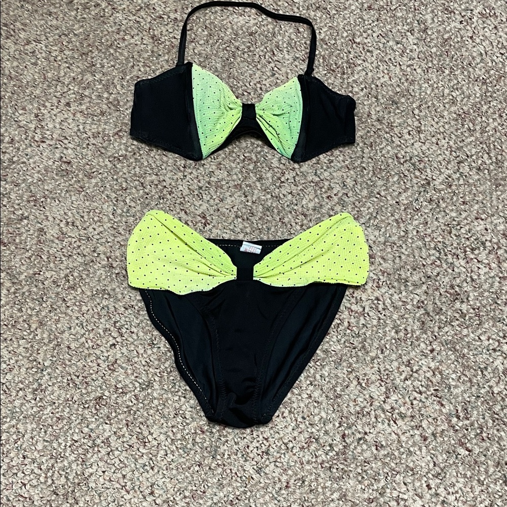Vintage 80s Black and Neon Green Bikini Set- super cool